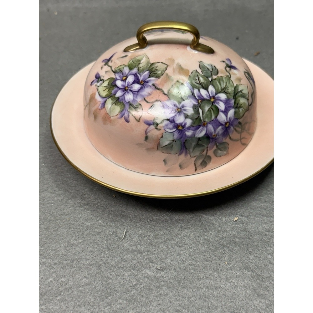 VTG BUTTER DISH COVERED PINK WITH PURPLE FLOWERS HUTSCHENREUTHER GELB BAVARIA
